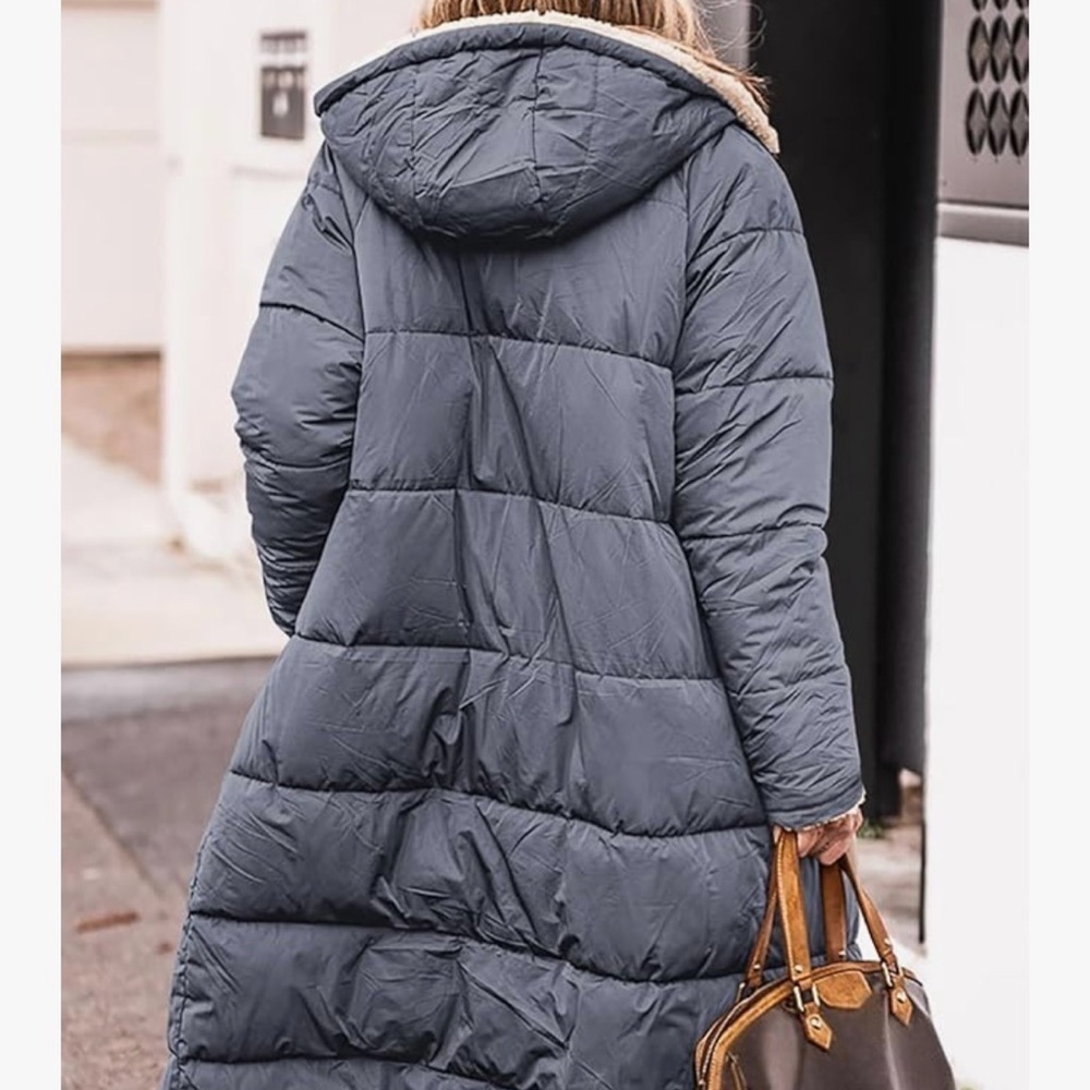 NWT PRETTY GARDEN Reversible Winter Oversized Shearling Fleece Coat, Gray/tan - Picture 2 of 8